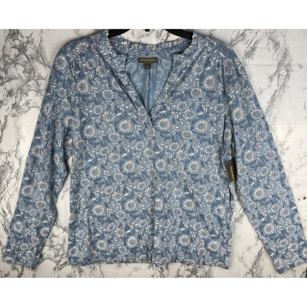 Style & Co. S Blue White Floral Print Long Sleeve Blouse Bloom Hydrangea